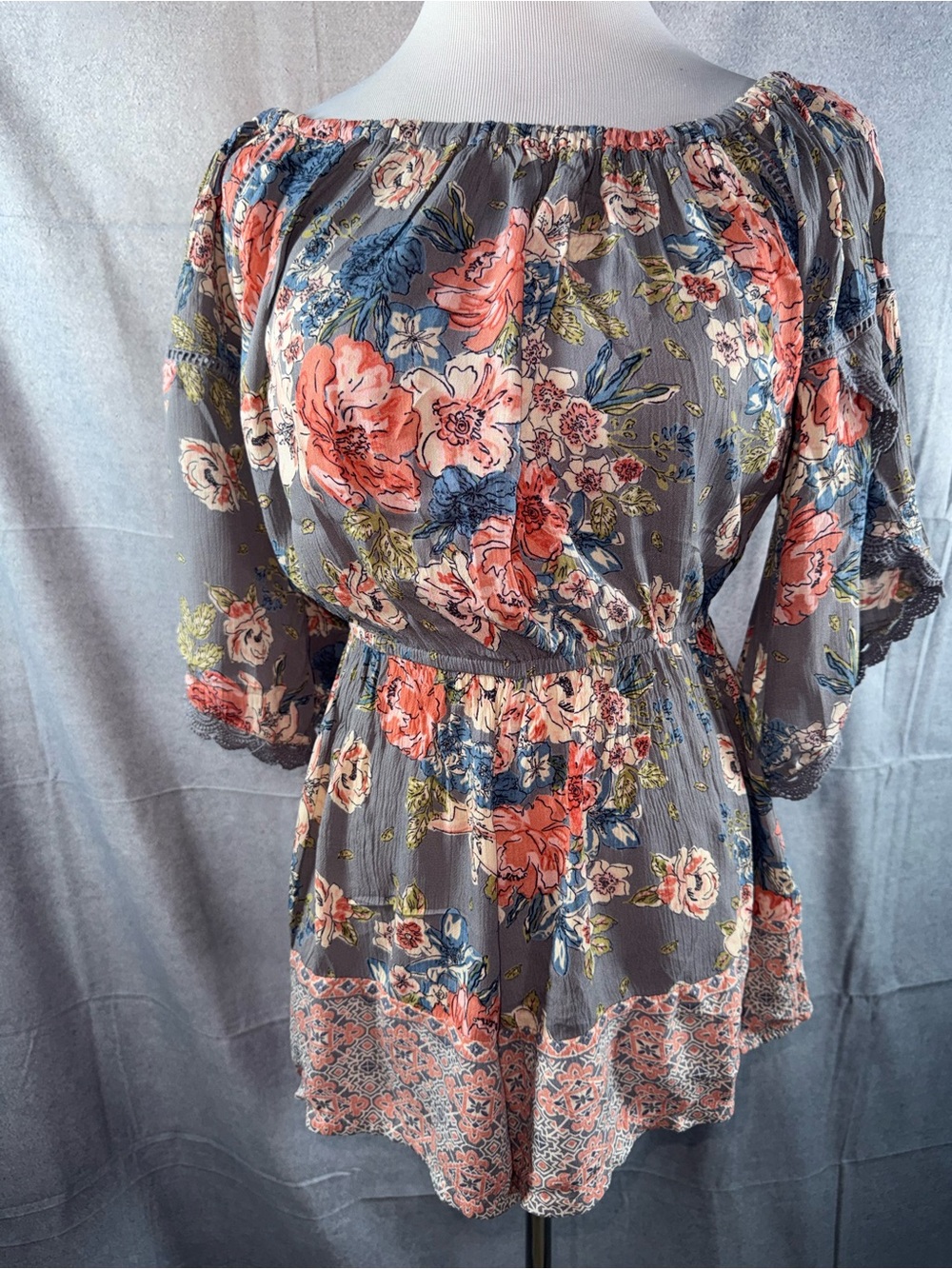2434-Angie Gray Floral Off-Shoulder Romper with Coral and Blue Blooms